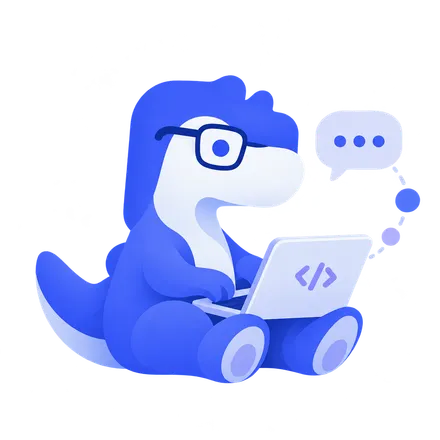 Softosaur's blue dinosaur mascot working on a laptop