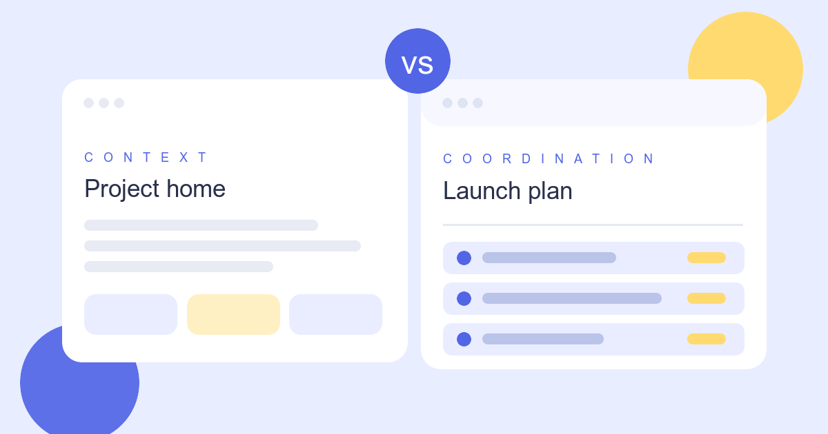 Illustrated project workspaces comparing a document-first view with a task timeline